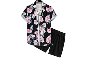GORGLITTER Men's 2 Piece Tropical Vacation Outfits Short Sleeve Button Down Hawaiian Shirt Drawstring Waist Shorts Set