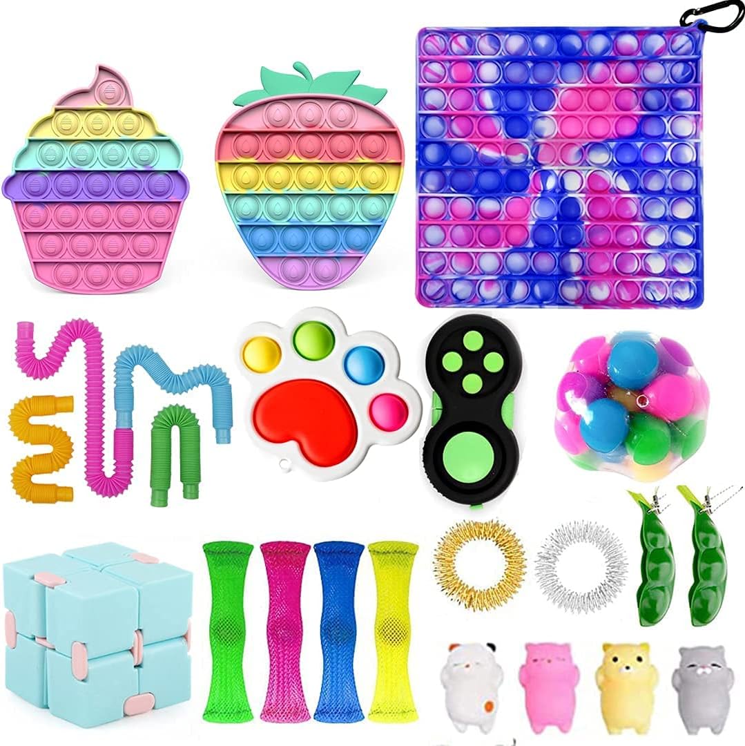 Big Size Cheap Fidget Packs Anti-Anxiety Tools for Kids, Plus Size Pop Bubble Cheap Fidget Sensory Toy Pack with Pop Anxiety Tube and Single Dimples Fidget Blocks Set (Big Fidget Pack #R)