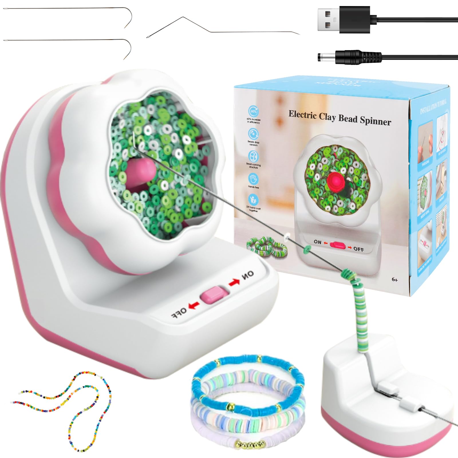 Clay Bead Spinner, Electric Bead Spinner for Jewelry Making Beading Bowl Spinner Bead Stringing Machine with Needles Bead Spinner Tool for Clay Beads DIY Earrings Bracelets Necklaces Making