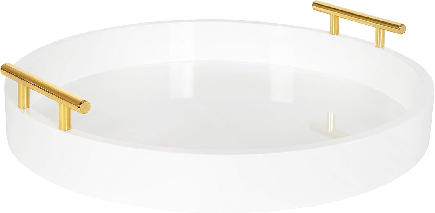 Kate and Laurel Lipton Round Decorative Tray with Metal Handles, 15.5" Diameter, White: Home & Kitchen