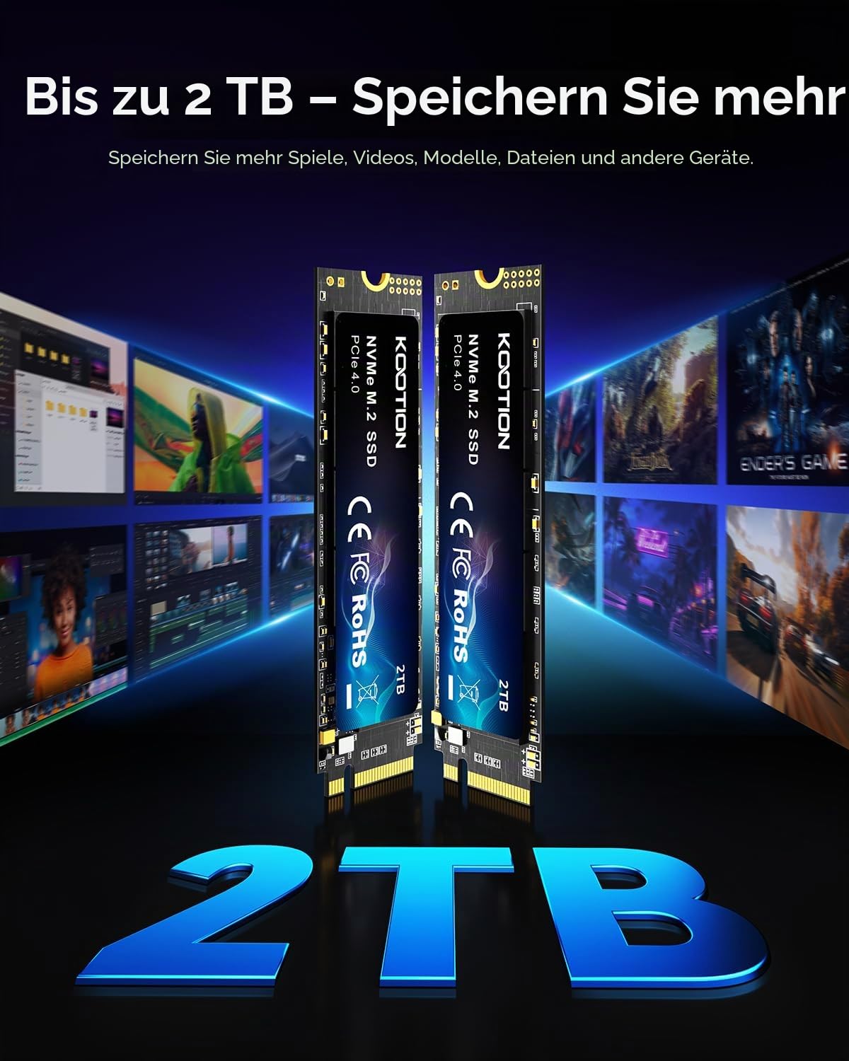 KOOTION SSD 2TB Nvme SSD PCIe 4.0 Interne Festplatte 5200MB/s Lesen, 4500MB/s Schreiben, 2 TB SSD 3D NAND Flash Interne Solid-State-Laufwerk für PS5, Programme, Gaming und Videoschnitt 4