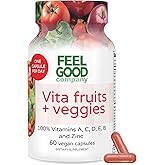 FeelGood Superfoods Vita Fruits and Veggies Capsules - 25 Superfood Ingredients, Fruit and Vegetable Multivitamin, 60 Count - for Men and Women - Vitamins A, C, D, E, B and Zinc