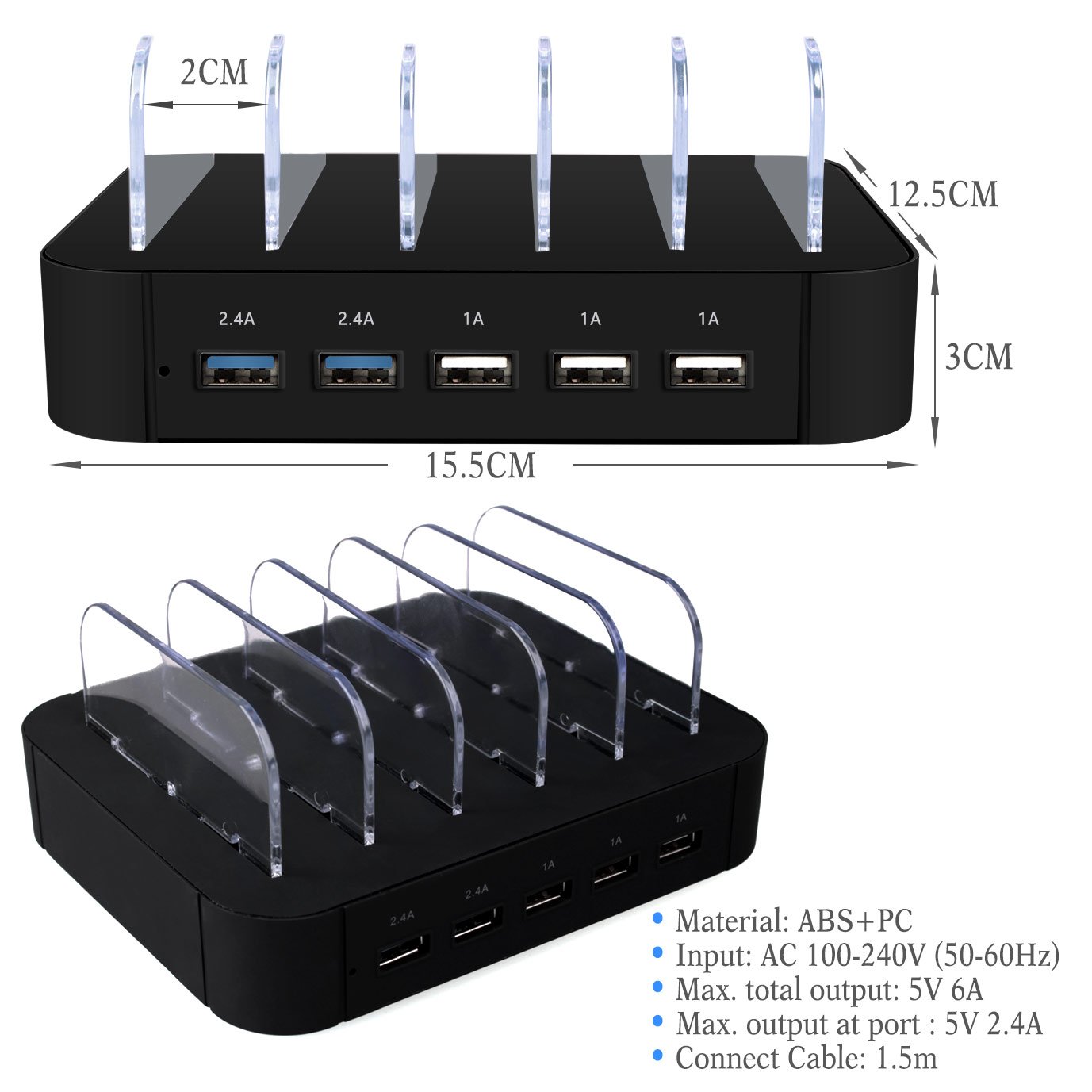 AcTopp USB Ladestation Multiport USB Universal Dockingstation Ladegerät Ladedock 5 Ports USB Ladestation gehostete Desktop Ladestation Ladeeinrichtung für Handys Tablets Kindle