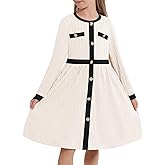 Girls Color Block Long Sleeve Dresses Ribbed Knit Button Front Pleated A-Line Dresses 5-12Y