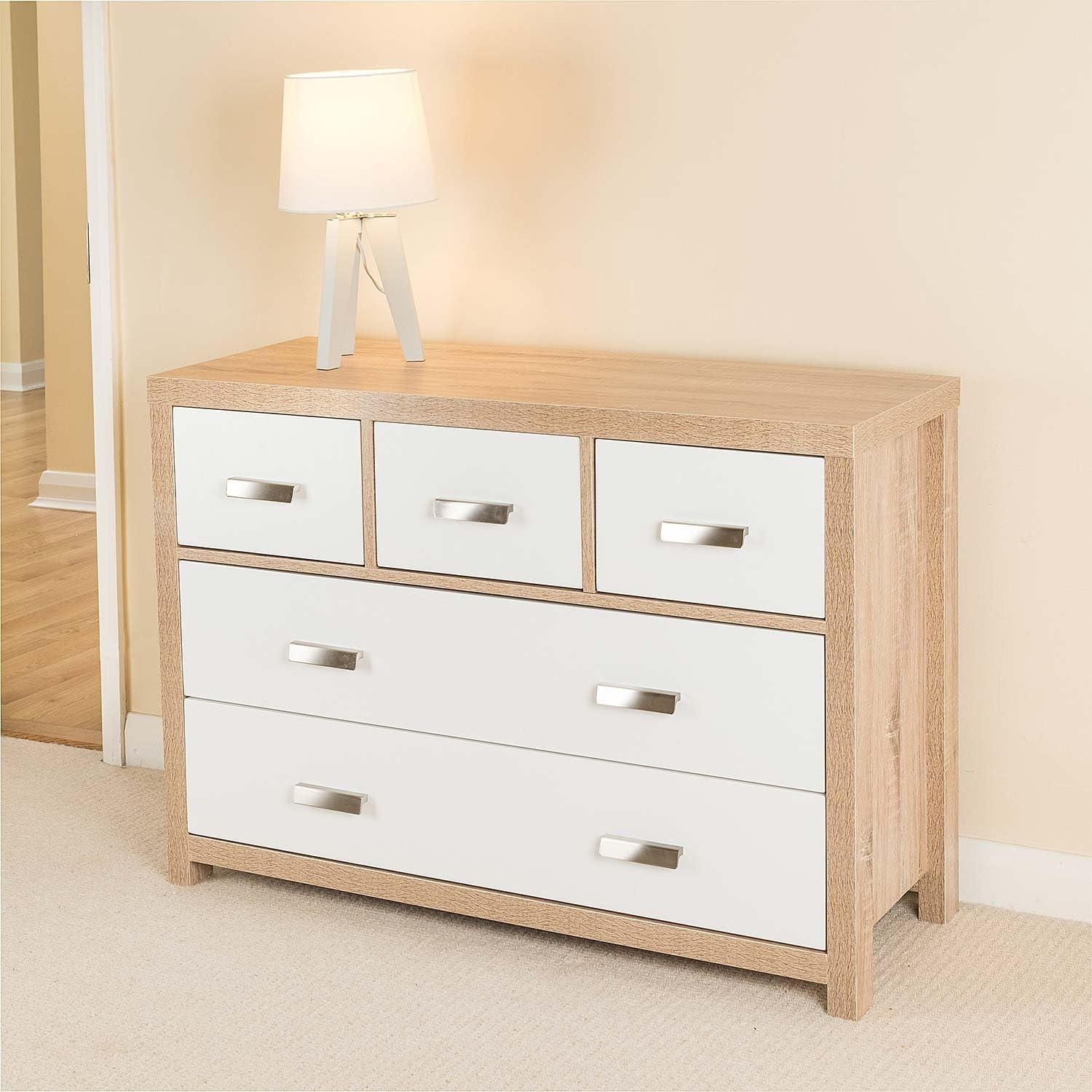 Oak Chest Of Drawers White CHRISTOW 5 Draw Oak Effect Chest of Drawers w/Modern White Wood Design