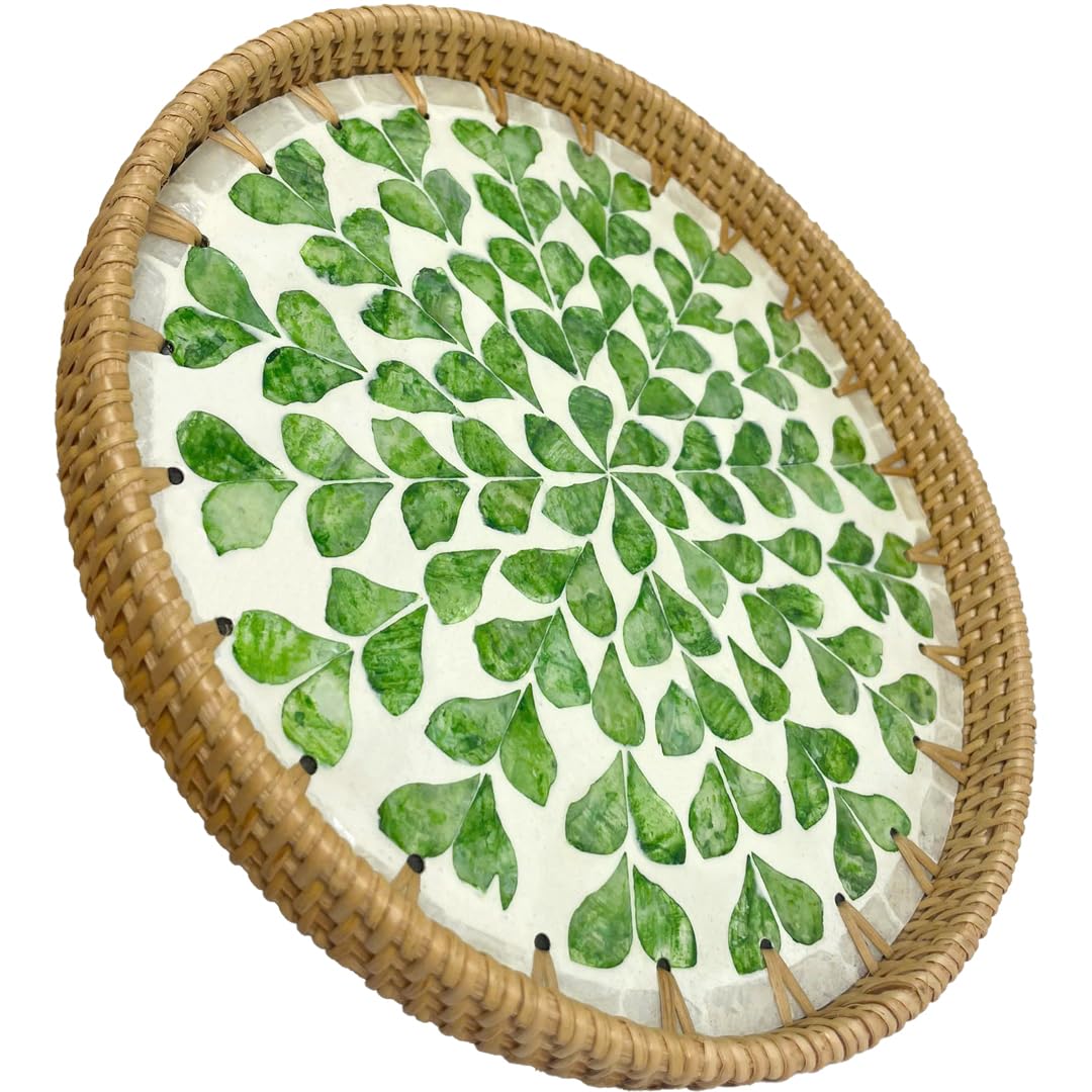 Photo 1 of Round Rattan Tray with Mother of Pearl Inlay, Boho Coffee Table Tray Decor, Wicker Trays for Decor, Woven Baskets, Round Basket Decorative (GREENHEART, 11.8 INCH)