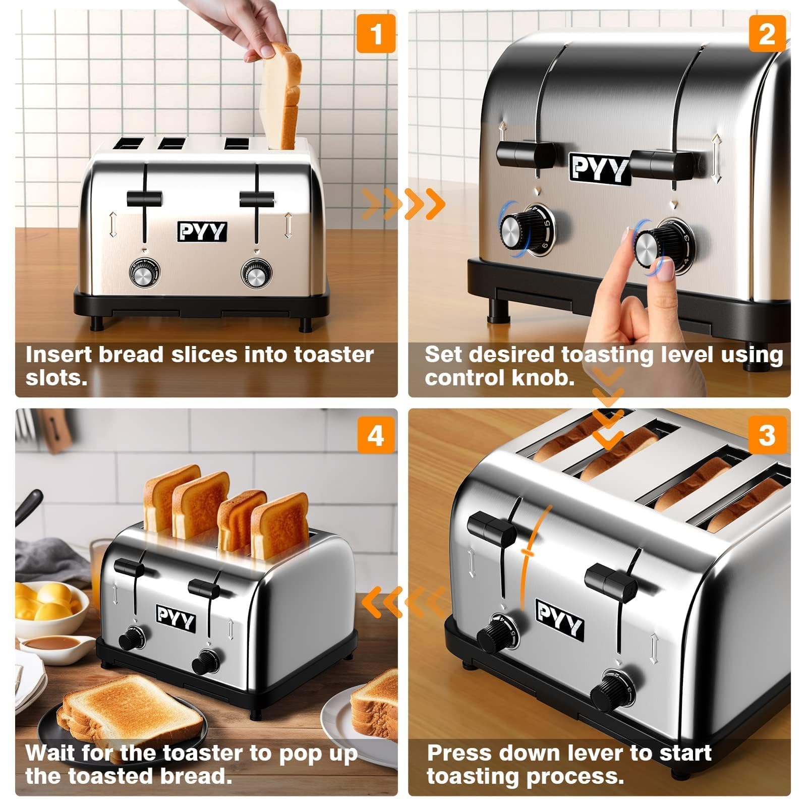 PYY Tostadora Comercial 4 Rebanadas - 225 Rebanadas/Hora Tostadora de Pan Plateada de Acero Inoxidable, 1800 W con Nivel de 6 Velocidades, Controles Dobles y Bandeja para Migas Extraíble, para Familias y Comerciales