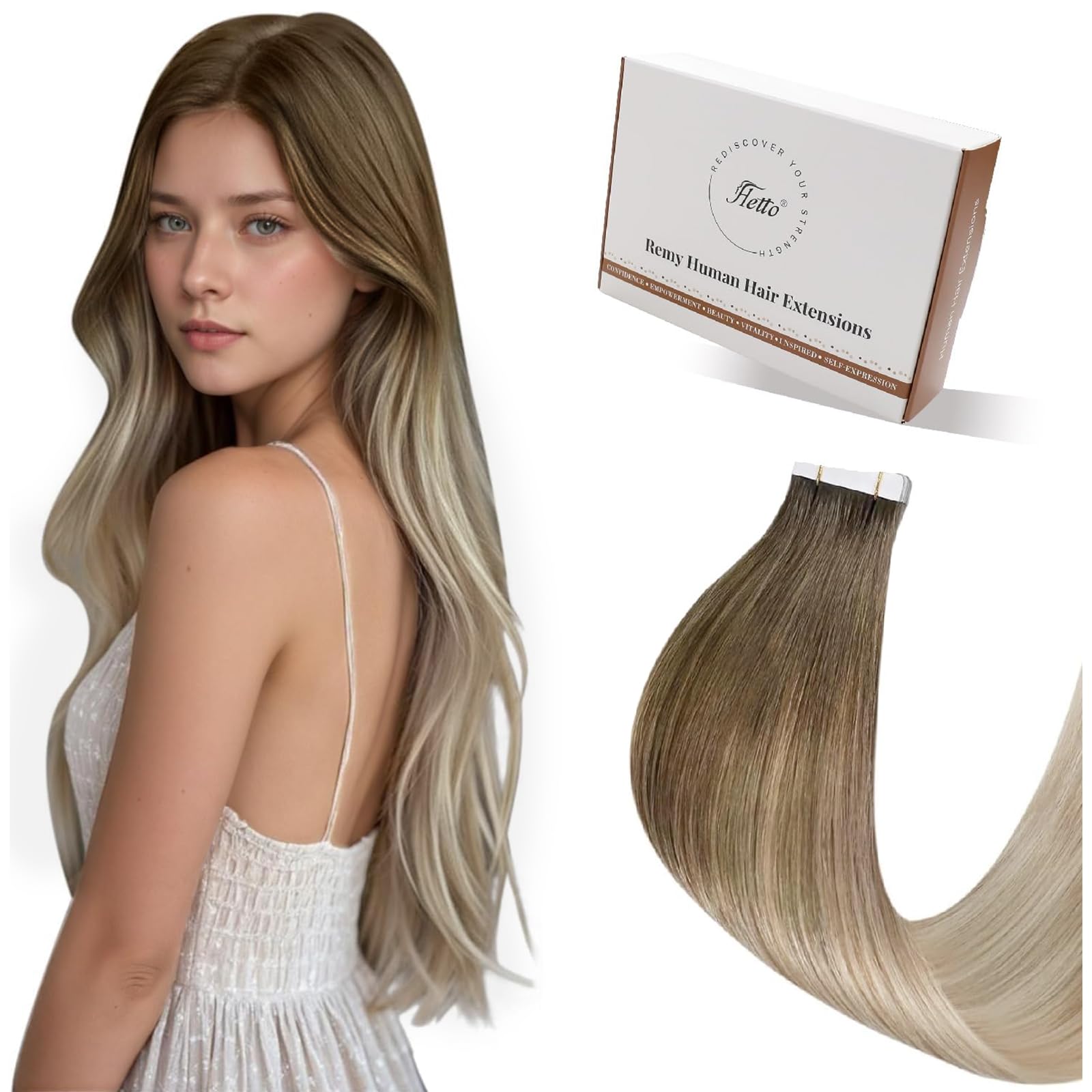 Hetto Tape in Hair Extensions Human Hair Balayage Brown Ombre Blonde 22 Inch - Invisible Tape in Human Hair Extensions, Comfort Wear Seamless Tape Ins for Party 20pcs 50g #8/18/60 — image 1