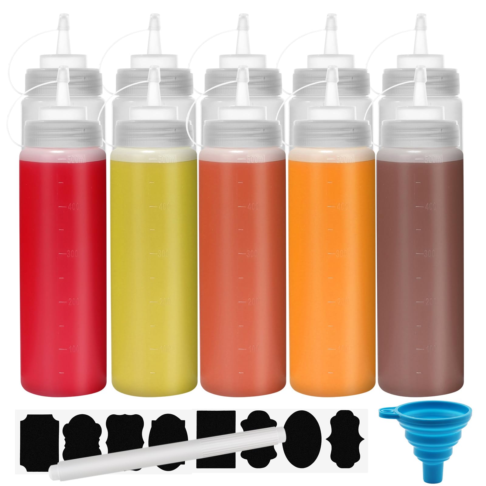 Chetexus 16oz Condiment Squeeze Bottles, 10pcs 500ml Squeezy Bottles Leakproof Squirt Reusable Plastic Sauces Oil Container Dispenser with Twist on Caps and Measurement for Ketchup, BBQ, Grilling