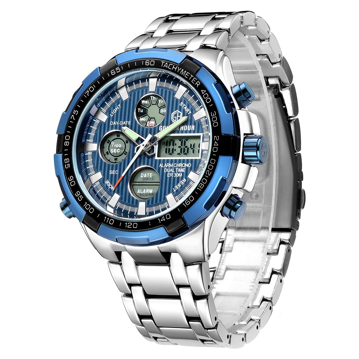 Affute Fashion Mens Watches Stainless Steel Sport Chronograph Waterproof Date Alarm Multifunction Analog Digital Watch (Silver Blue)