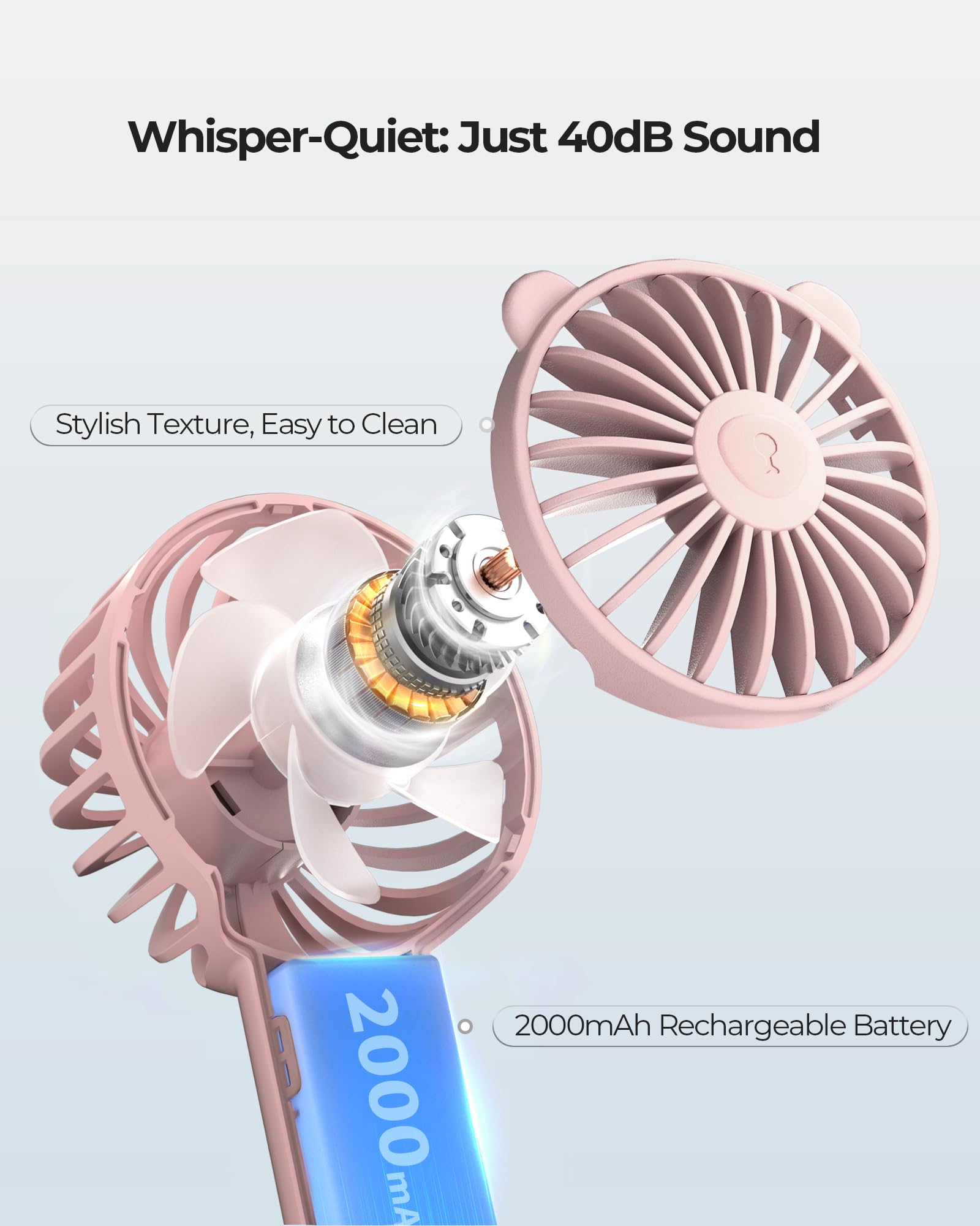 Mini Portable Fan, Handheld Fan with 3 Speeds for 2000mAh Battery USB-C Rechargeable, 3-Speed Quiet Operation, Stylish for Outdoors & Travel
