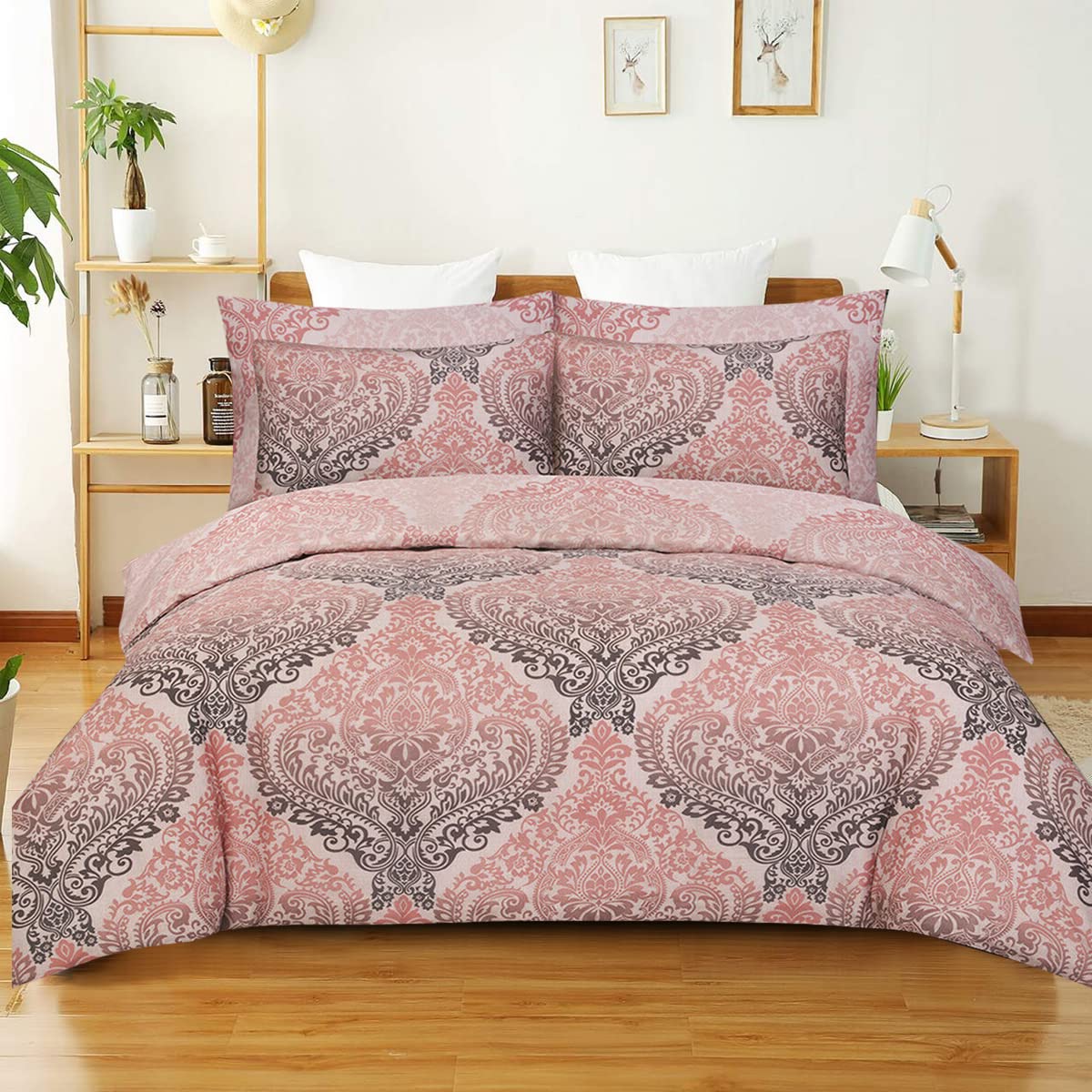 Best Linen Double Duvet Cover Set with 2 Pillowcases 100% Microfiber Soft & Breathable Bedding Set Easy Care Machine Washable (Pink Damask, Double 3 Piece)