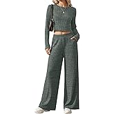JoyMotion Women's 2 Piece Lounge Sets 2026 Ribbed Long Sleeve Crop Top Wide Leg Pants Travel Outfits Casual Matching Set