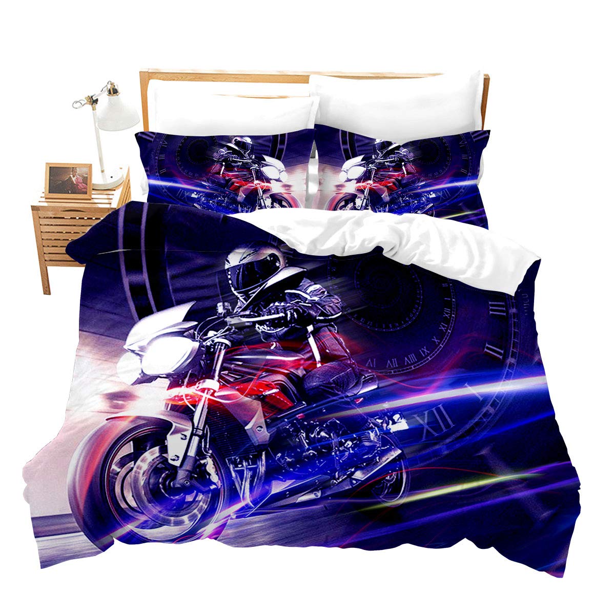 Loussiesd Motorcycle Duvet Cover Set Super King Size for Men Teens Boys Kids Sports Pattern Bedding Set Cool 3D Racing Motorcycle Comforter Cover with 2 Pillowcases Soft Microfiber Zipper 3 Pcs Purple