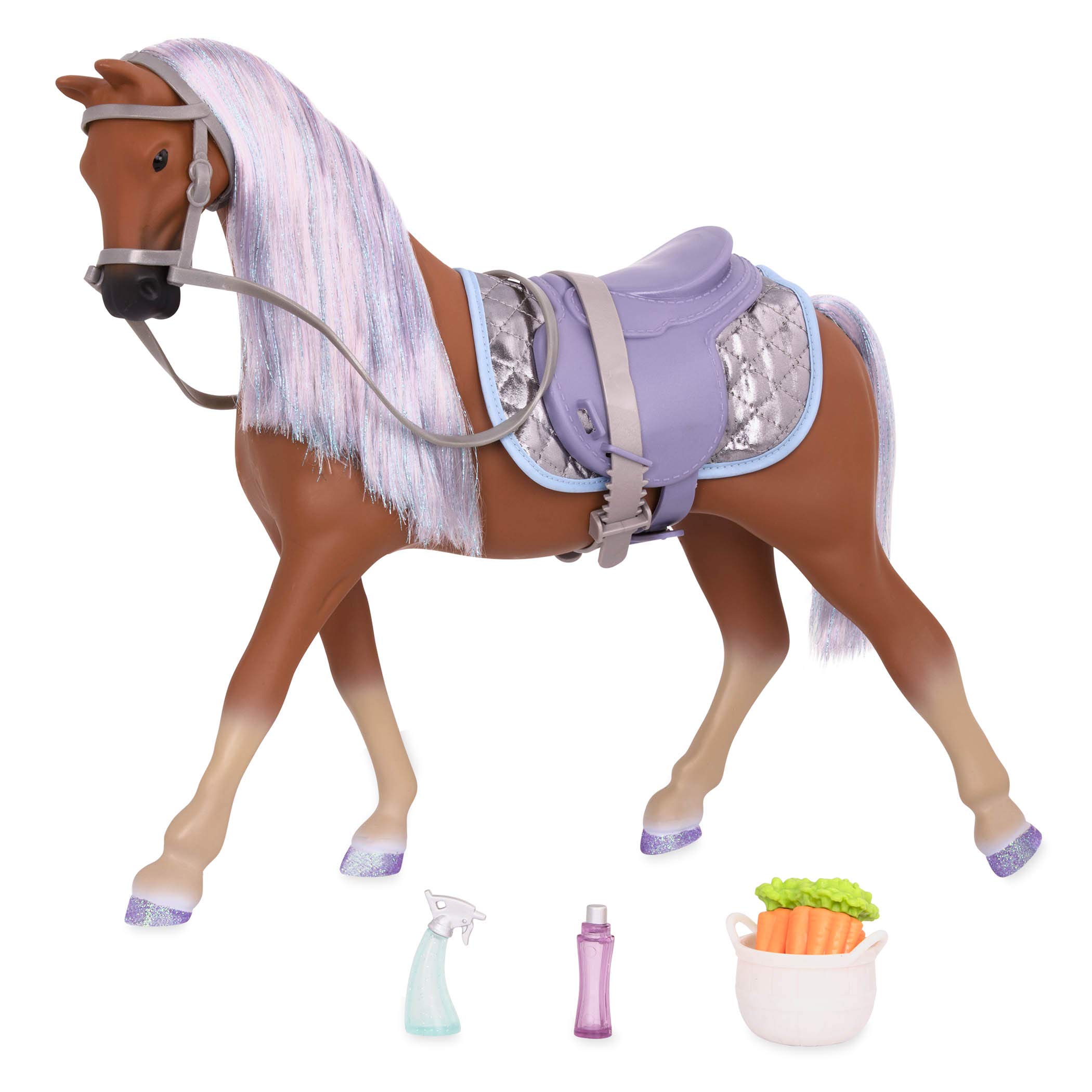 Glitter Girls – 14-Inch Morgan Horse – Brown Coat & Purple Mane – 2 Grooming Accessories & Carrots – Toys for Girls 3+ Years, Celestial