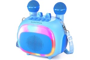 SUDOTACK Mini Karaoke Machine for Kids, Portable Bluetooth Karaoke Speaker with 2 Wilreless Microphones with LED Lights, Christmas Kids Toys Gifts for Girls 4, 5, 6, 7, 8, 9, 10 +Year Old-Blue(KM100)