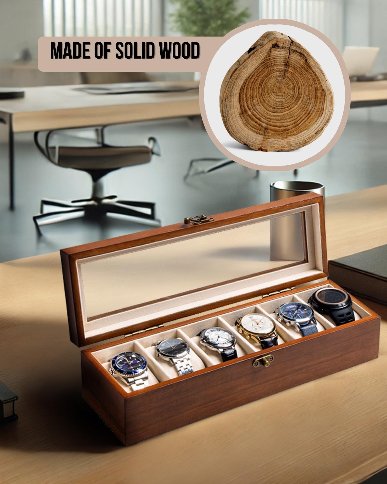 Exper City Exper City Watch Box, Watch Case for Men Women with Large Glass Lid, Wooden Watch Display Storage Box with 6 - Slots, Classic Walnut Mens Watch Box Organizer