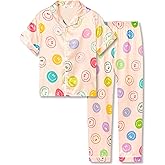 Beezizac Little & Big Girls Pajama Satin Silky Yellow & Pink Leopard 2-PC Short Sleeves & Pants Set Kid Size 6-16