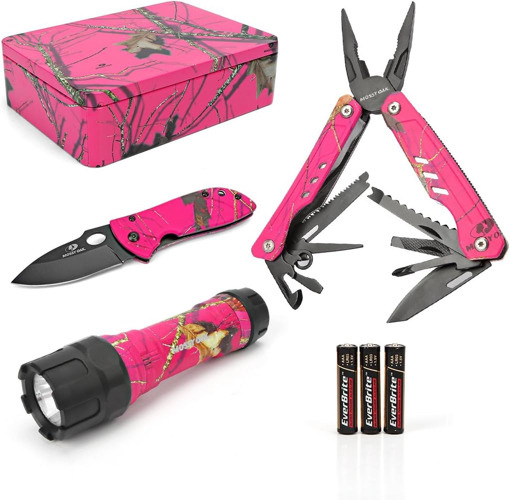 MOSSY OAK 16-in-1 Multitool & Folding Pocket Knife & LED Flashlight - Iron Metal Box - Ideal for Gifts, Outdoors, Camping, Hiking, Hunting, Fishing - Survival Tool Set - 3-Piece
