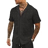 PLEPAN Mens Lace Shirt Floral Hollow Out See Through Casual Short Sleeve Button Down Hawaiian Vacation Shirts Summer Beach