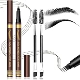 2PCS Microblading Four-Tip Eyebrow Pen with 2 Brushes (Black) | Waterproof Eyebrow Pencils for Women, 0.1MM Micro-Fork 4 Tip, Ultra-Precise Eye Brow Pencil for Natural Full Hair-Like Brows