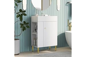P PURLOVE 21.6 Inch Modern Bathroom Vanity with Sink Combo,White Bathroom Cabinet with Door,Freestanding Single Bathroom Vanity Set with Open Shelves,Left Side Storge