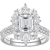 Blongme Vintage Emerald Cut Wedding Ring Set for Her Engagement Rings for Women 925 Sterling Silver Cubic Zirconia Cz Promise Anniversary Band Size 5-10
