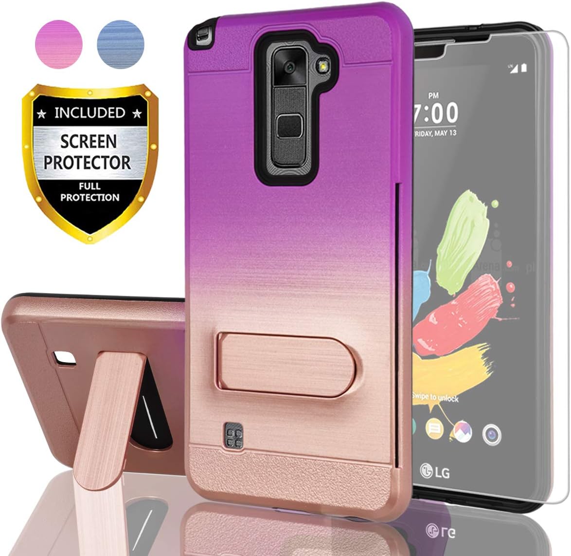 AYMECL LG Stylo 2 Case,LG Stylo 2 V Case,LG Stylo 2 Plus/LG Stylus 2 Plus Case with HD Screen Protector,[Card Slot Holder] Plastic TPU Mixed Gradient Shockproof Case for LG LS775-GC Purple&Rose Gold