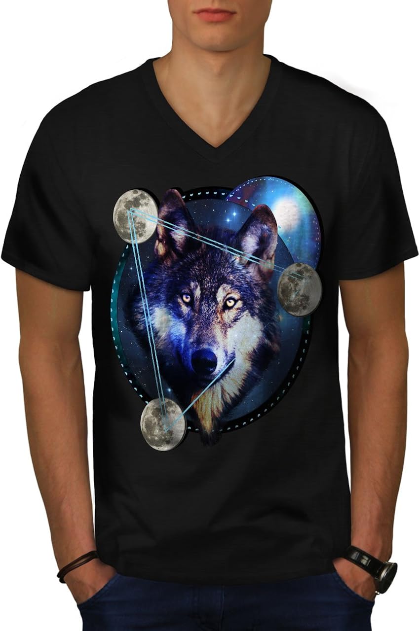 wellcoda Galaxy Space Wolf Mens VNeck TShirt, Galaxy Graphic Print Tee