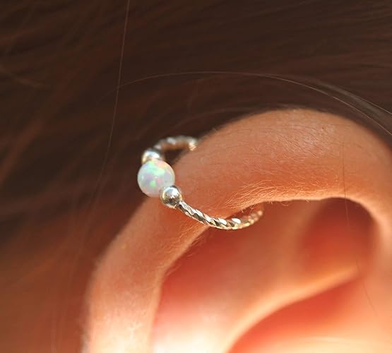 Cartilage Earring Hoop 20G Sterling Silver helix piercing ear ring white opal cartilage