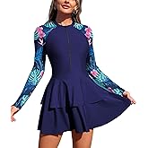 ZAFUL Women's One Piece Rash Guard Long Sleeve Modest Swimsuits Dress Zipper Bathing Suit Swimskirt