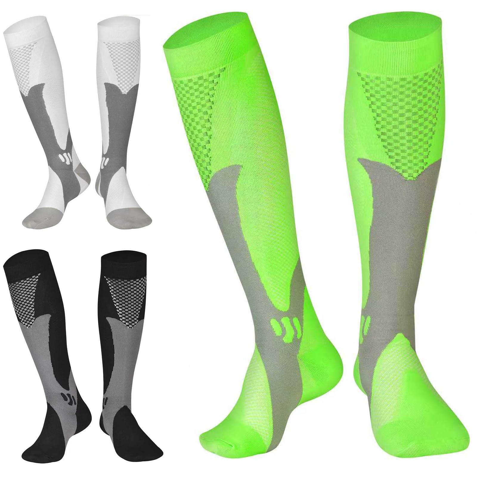 Compression Socks (3 Pairs) for Men Circulation 20-30 mmhg Medical Compression Stockings Women Nursing (Black+White+Green, L-XL)