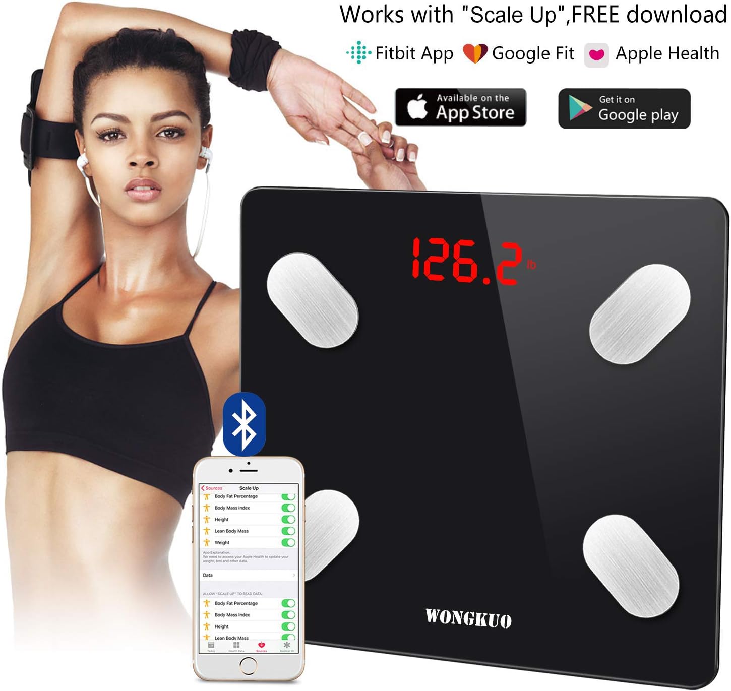 Bluetooth Smart Body Fat Scale WONGKUO 24 Key Body Composition Monitor Wireless Digital Bathroom Weight Scale Health Analyzer Free iOS and Android APP,Sync Data with Apple Health,Google Fit or Fitbit: Health & Personal Care