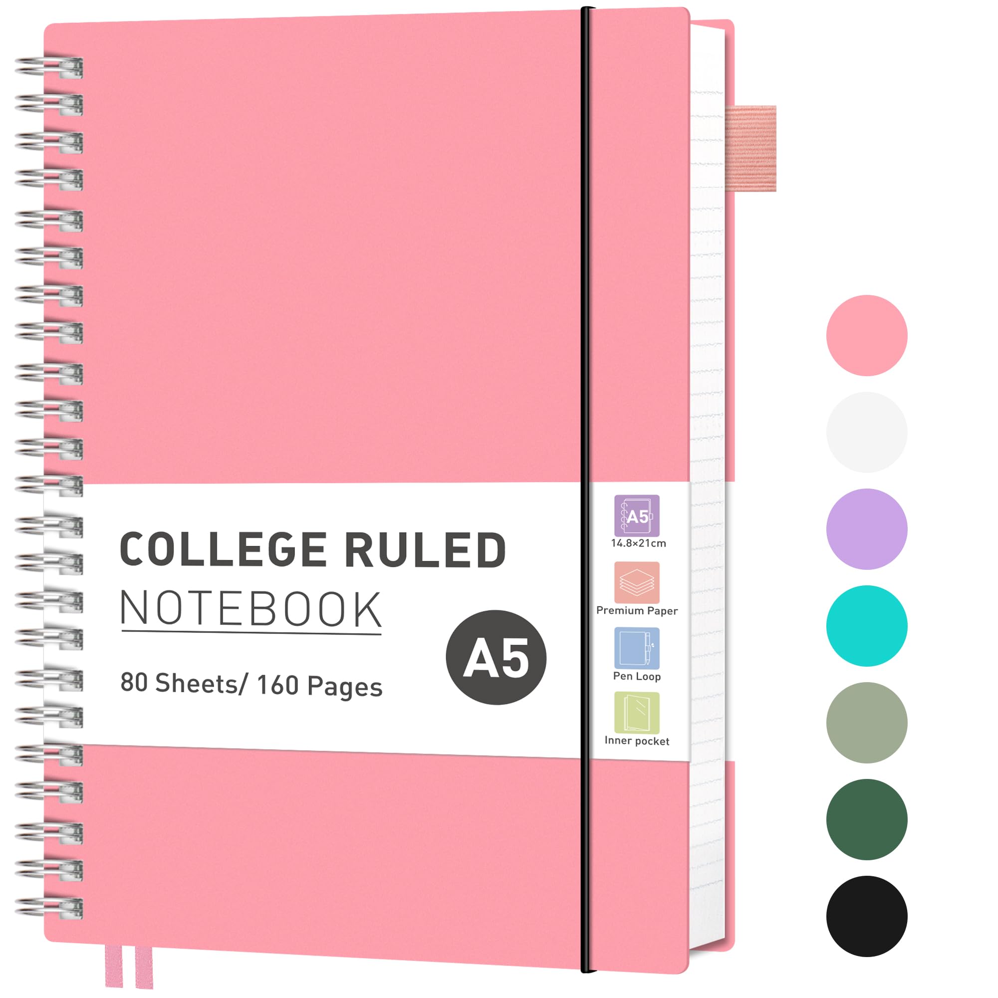 RETTACY A5 Notebook, Journals for Women Lined,Wirebound Spiral Notebook 160 Pages for Writing,100gsm College-Ruled Paper, PVC Pocket,Pen Loop, Ruler, Bookmark,14.5 x 20.7cm- Pink
