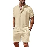COOFANDY Men's 2 Pieces Linen Set Henley Shirt Short Sleeve and Shorts Summer Beach Yoga Matching Outfits