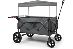 VOOI Wagon Stroller, Foldable Wagons for Two Kids & Cargo, Collapsible Folding Stroller with Adjustable Handle Bar,Removable Canopy with 5-Point Harness Gray (Dark Grey)