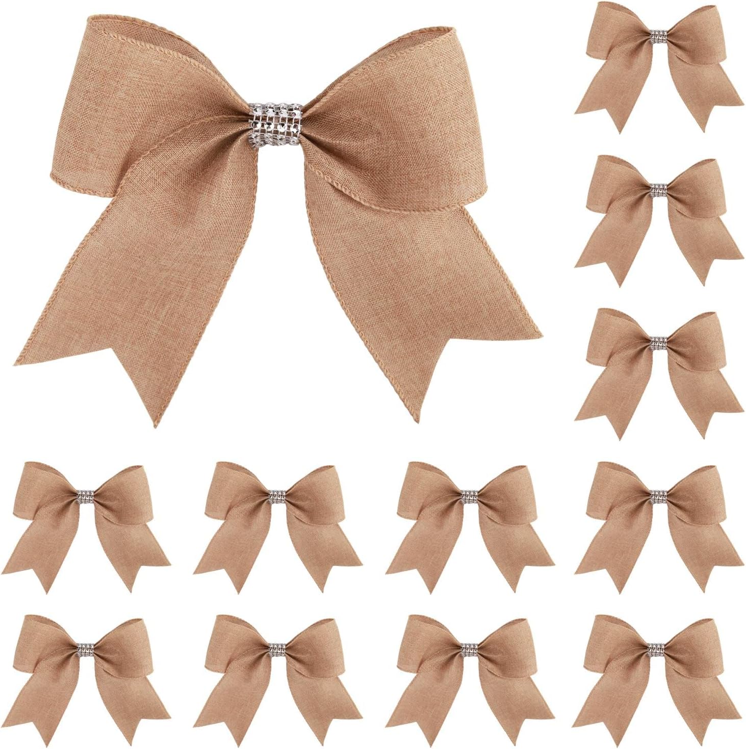 Bows & Ribbons - Meseey 12 Pcs 7 Inch Burlap with Diamond Silver Rhinestone Ribbon Decorative Wreath Jute Bow for Halloween Thanksgiving Christmas Tree Decorations