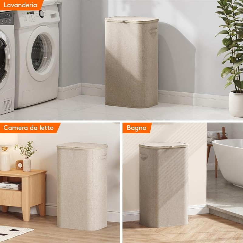 Cesto Portabiancheria, Cesta Panni Sporchi con coperchio, Laundry Basket con Plastica Manici, Porta Biancheria Sporca per Bagno, Lavanderia, Camera da Letto, 105 L, Beige