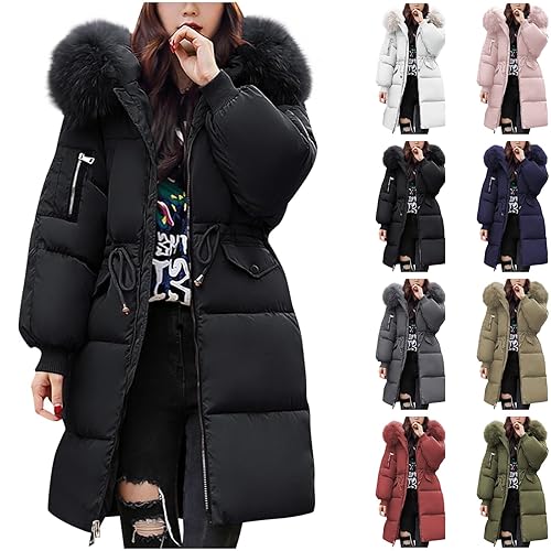 DUHGBNE winter jackets for women uk plus size Winter Jackets for Women Uk Mid Lenght Hooded Puffer Down Coats Lightweight Waterproof Jacket Long Sleeve Warm waterproof puffer jacket