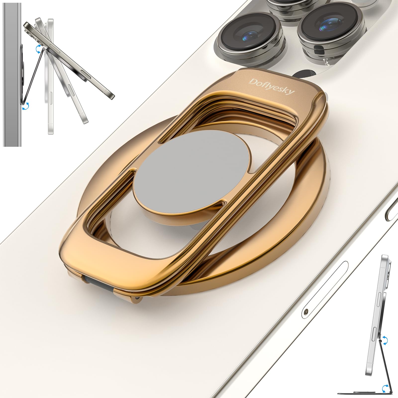 Magnetic Phone Ring Holder for MagSafe Phone Grip & Kickstand, Strong Dual-Sided Magnets Compatible with MagSafe Car Mount for iPhone 17/16/15/14/13/12 Pro Max and Android Phone Cases (Gold)