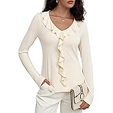 Meetrendi Women's Long Sleeve Shirts Dressy Casual V Neck Ruffle Knit Tunic Tops 2025 Fall Trendy Work Blouse