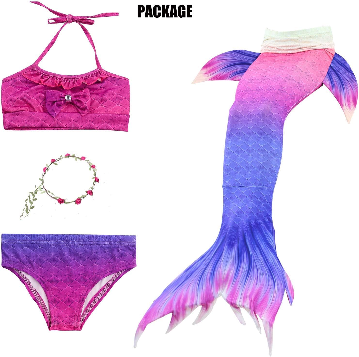GMIFUN 4PCS Girls Swimsuit Mermaid Tails Kids for Swimming Princess Costume Bikini Swimmabl Toddler Bathing Suit 3Y-12Y Purple