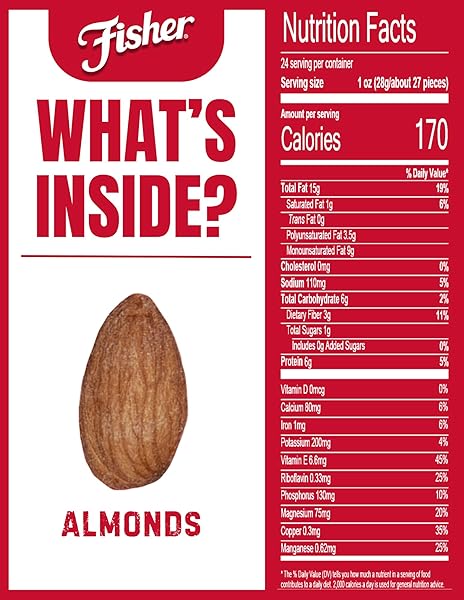 FISHER OVEN ROASTED NEVER FRIED ALMONDS, 24 OUNCES (PACK OF 1), HEART HEALTHY SNACKS FOR ADULTS, MADE WITH SEA SALT, NO ADDED OIL, ARTIFICIAL INGREDIENTS OR PRESERVATIVES, GLUTEN FREE, VEGAN PROTEIN