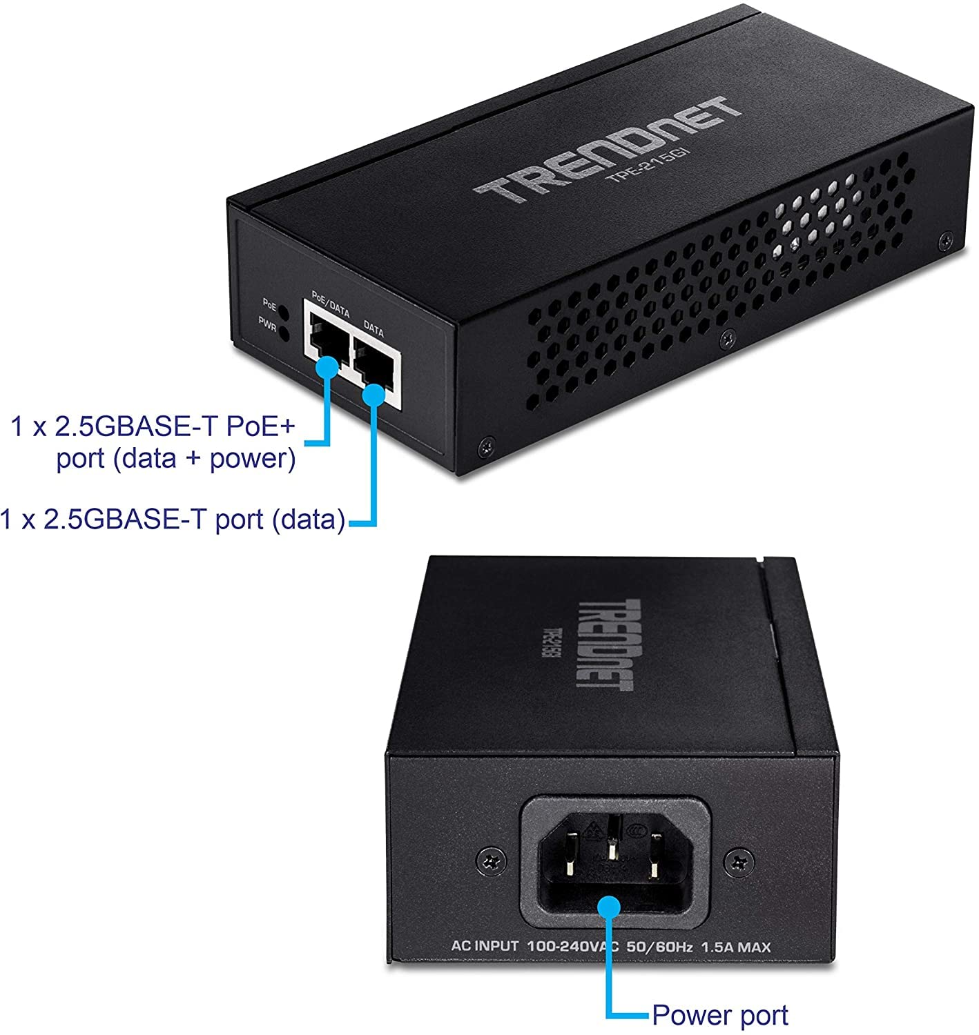 TRENDnet 2.5G PoE+ Injector, TPE-215GI, PoE (15.4W) or PoE+ (30W), Converts a Non-PoE Port to a PoE+ 2.5G Port, 2.5GBASE-T Compliant, Integrated Power Supply, Network a PoE Device Upto 100m, Black