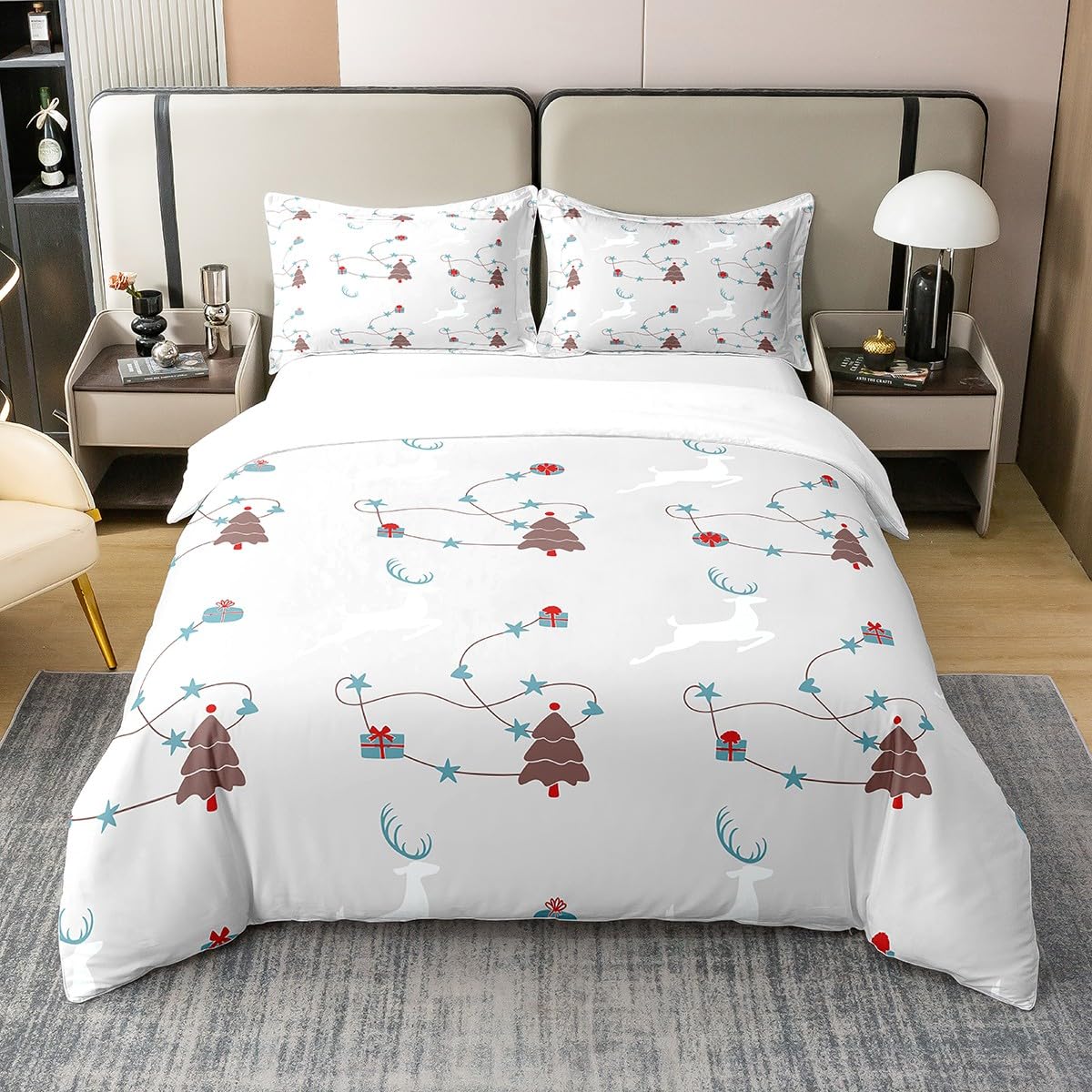 Christmas Tree Bedding Set King Size Christmas Decorations Kids Comforter Cover Set Duvet Cover 100% Cotton Cute Deer Grey Breathable Bedspread Cover Room Decor Quilt Cover