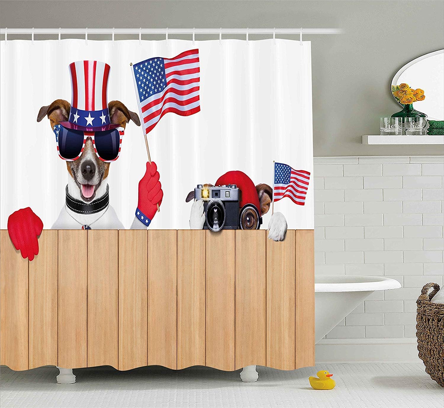 MLNHY 4th of July Decor Shower Curtain by, Fun Kitty Cat with USA Flag Hat National Symbol Pets Portrait Tabby Picture, Fabric Bathroom Decor Set with Hooks, Multi,72 X 72 Inches,Multicolor