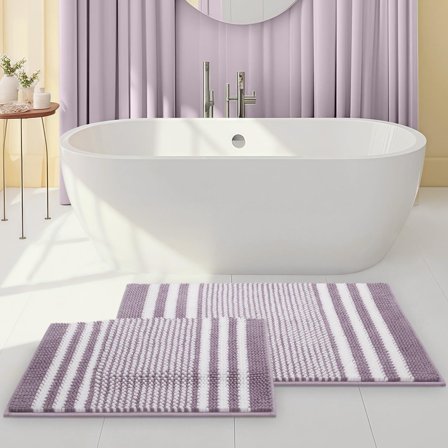 Tindbea Bathroom Rugs Set 2 Piece, Extra Soft and Absorbent Fluffy Striped Chenille Bath Mat Rug Set, Non Slip Bathroom Floor Mat, Machine Washable (20" x 32" Plus 16" x 24", Mauve)