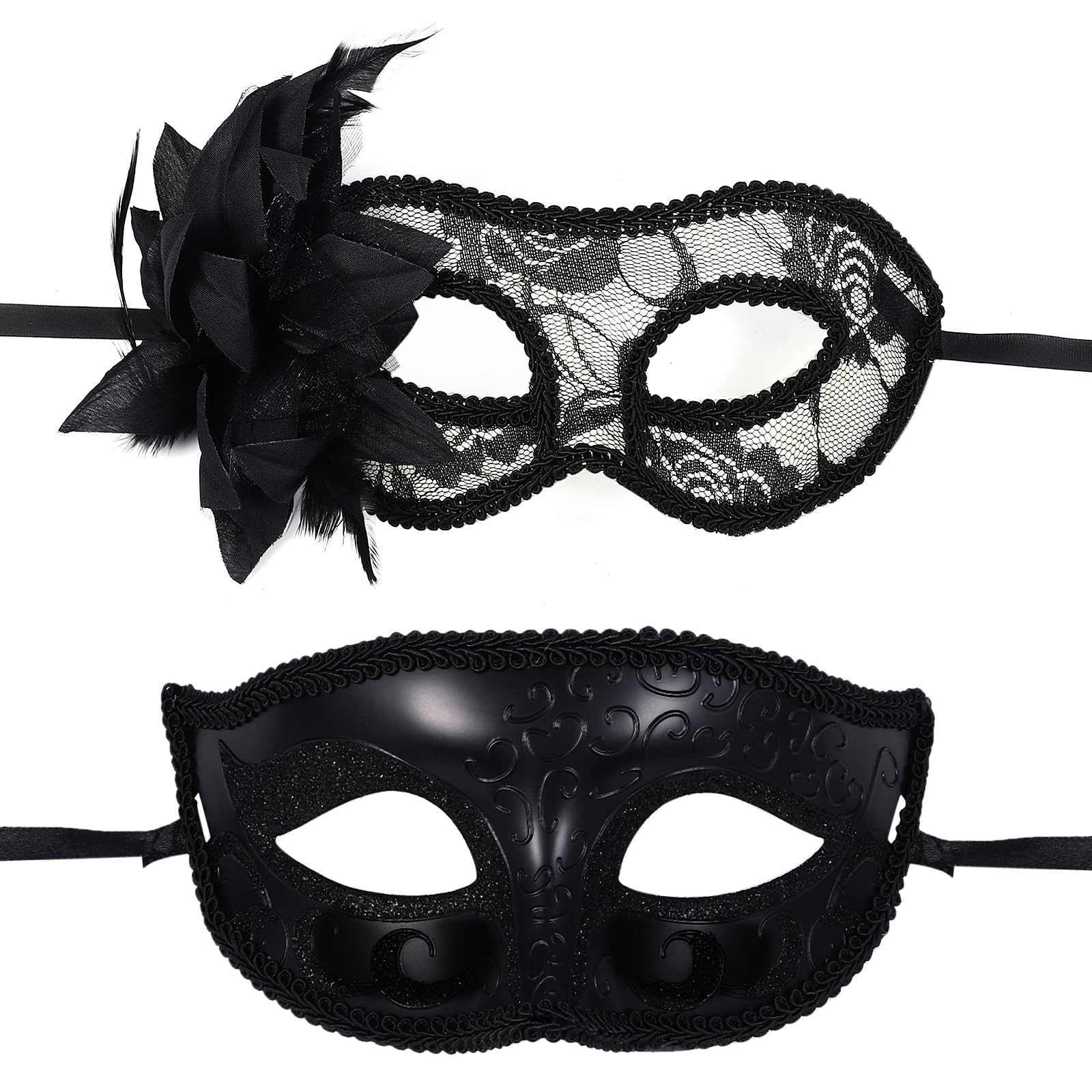 Oidea Masquerade Mask for Couple: Black Lace Venetian Mask Mardi Gras Mask Halloween Party Costume Ball Masquerade Masks Set for Women Men