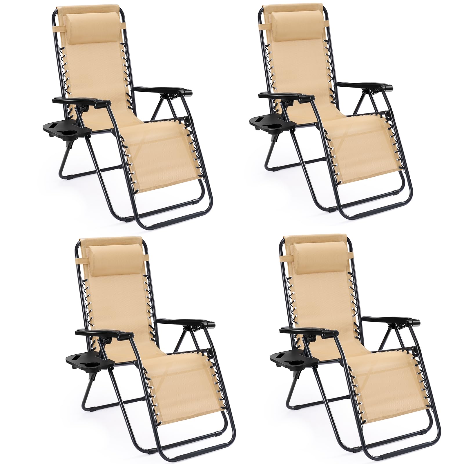 Sweetcrispy Zero Gravity Chairs, Set of 4 Portable Recliner Beach Camping Patio Outdoor Folding Lounge Chair with Cup Holder Trays and Adjustable Pillow for Poolside, Garden, Backyard, Lawn (Khaki) Image