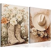 Floral Cowgirl Boots Canvas Wall Art Set of 2, Cowboy Hat with Flower Wall Decor Paintings, Trendy Preppy Western Aesthetic Prints Pictures, for Girls Bedroom Living Room Dorm 12x16 inch Framed
